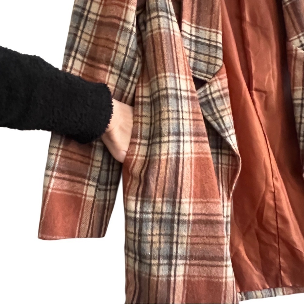 Women's Copper Orange Plaid Preppy Lapel Collar Long Blazer Jacket Size Small - Picture 6 of 8